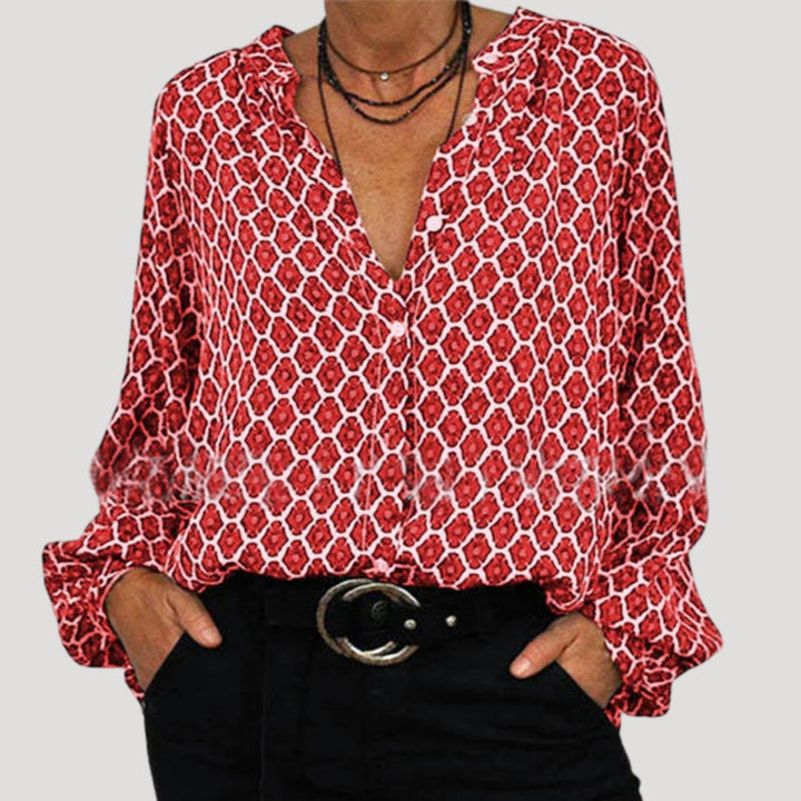 Blusa primaverile stampata da donna con maniche lunghe e scollo a v