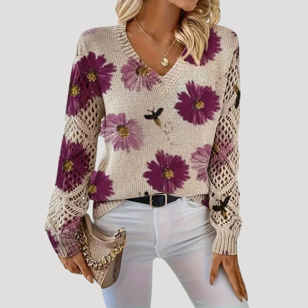 Maglione primaverile a maglia floreale con scollo a V per donne