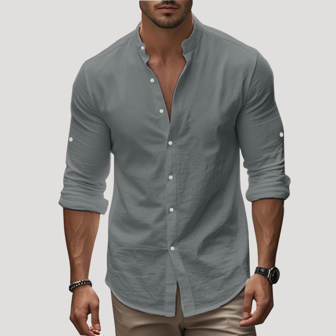 Camicia da uomo in lino con colletto alla nonna e maniche lunghe