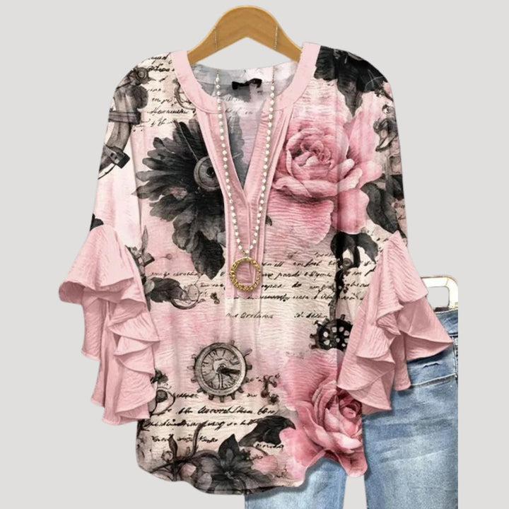Blusa floreale a maniche a volant con scollo a V per donne