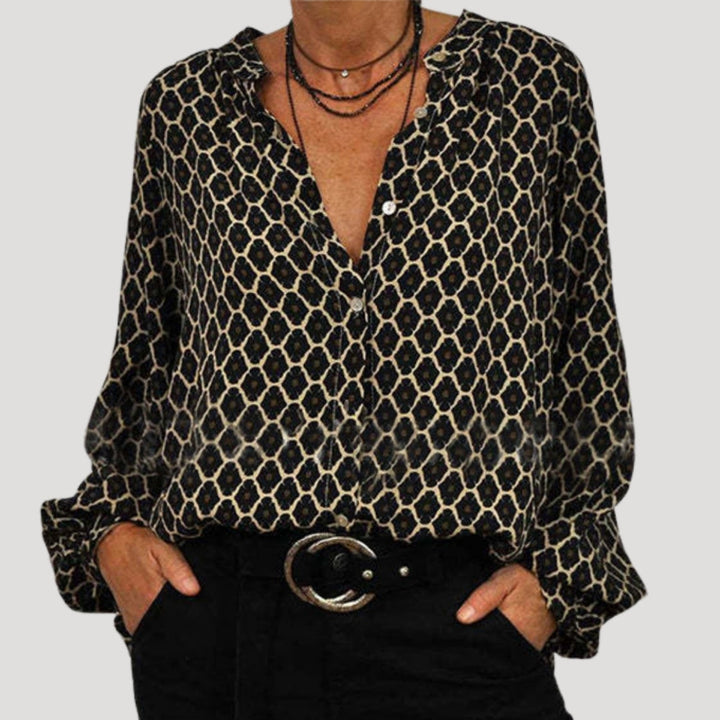 Blusa primaverile stampata da donna con maniche lunghe e scollo a v