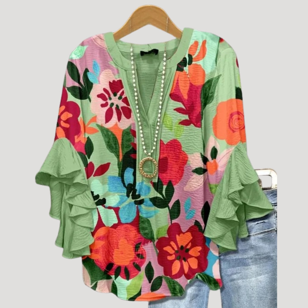 Blusa floreale a maniche a volant con scollo a V per donne
