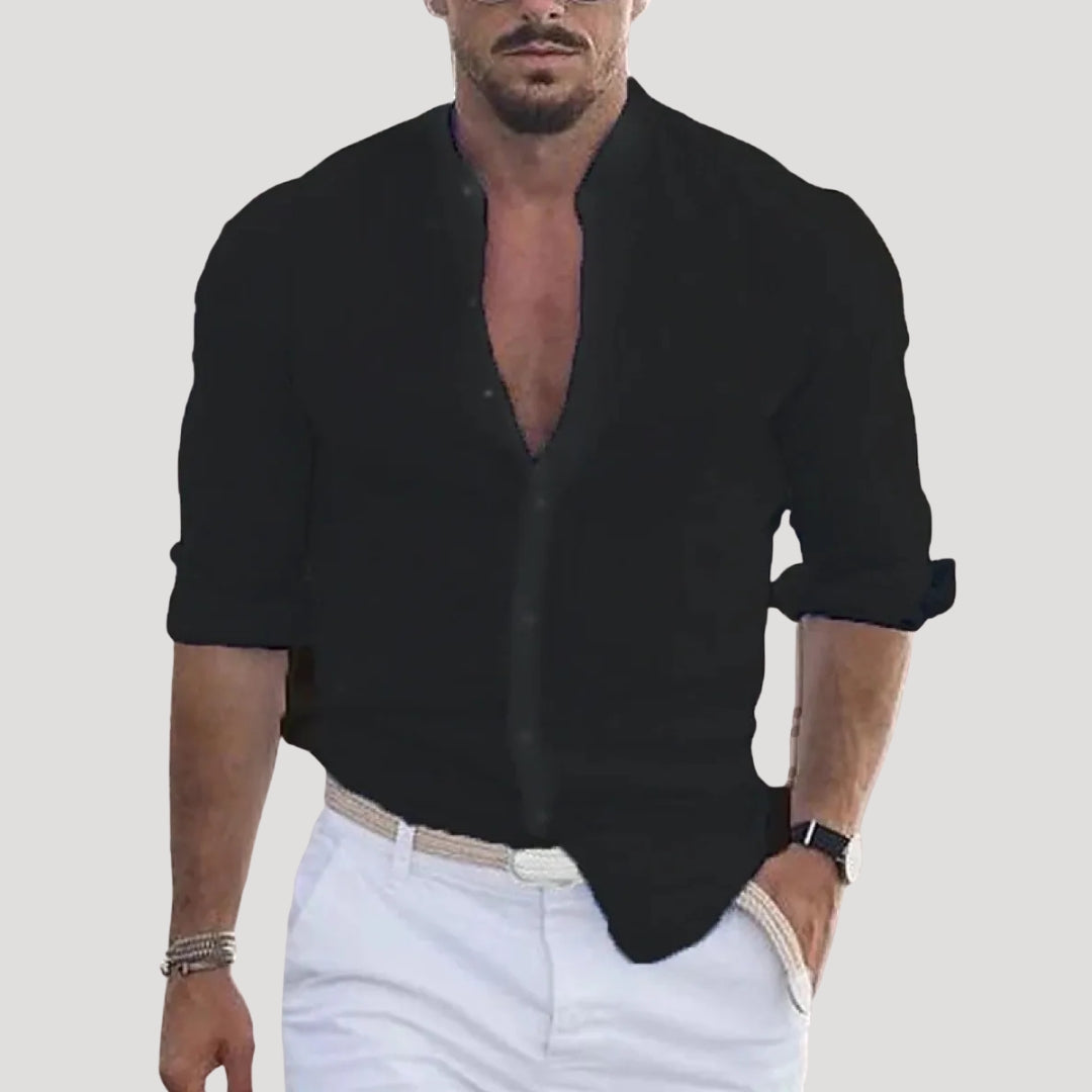 Camicia da uomo in lino a maniche lunghe con colletto alla cinese