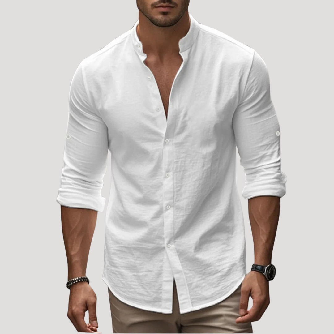 Camicia da uomo in lino con colletto alla nonna e maniche lunghe