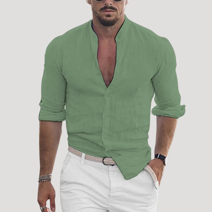 Camicia da uomo in lino a maniche lunghe con colletto alla cinese