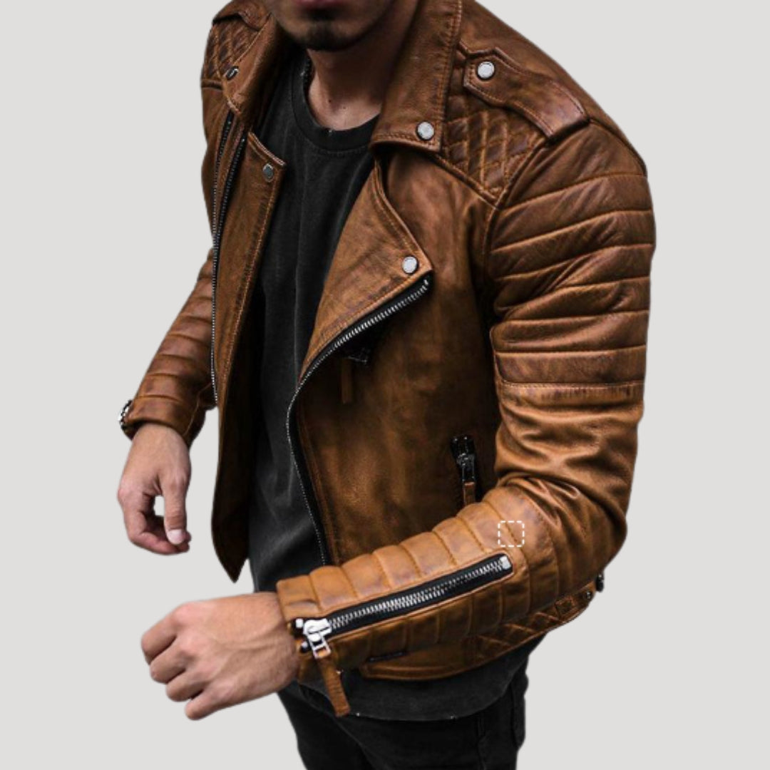 Giacca da motociclista in pelle da uomo slim fit trapuntata