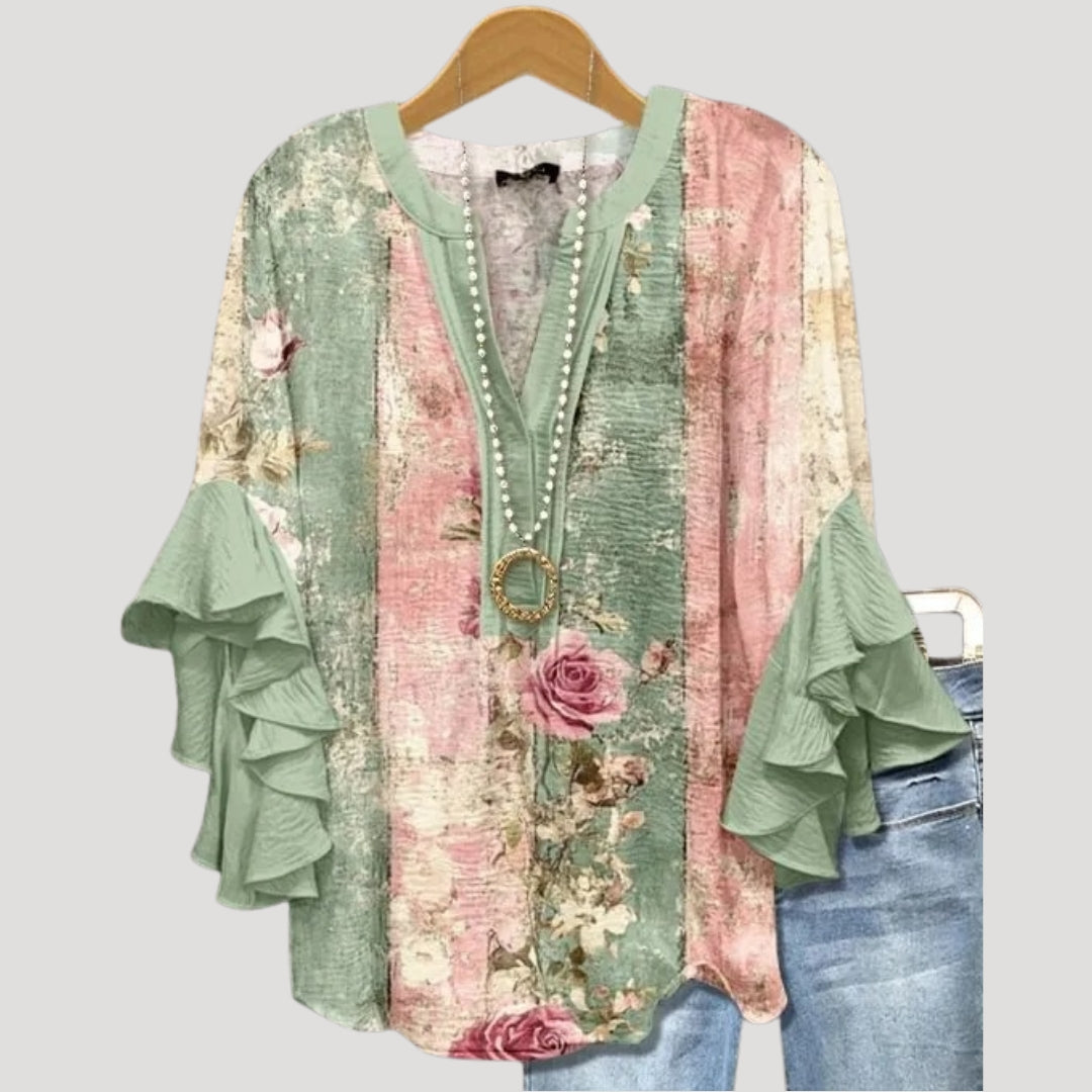 Blusa floreale a maniche a volant con scollo a V per donne