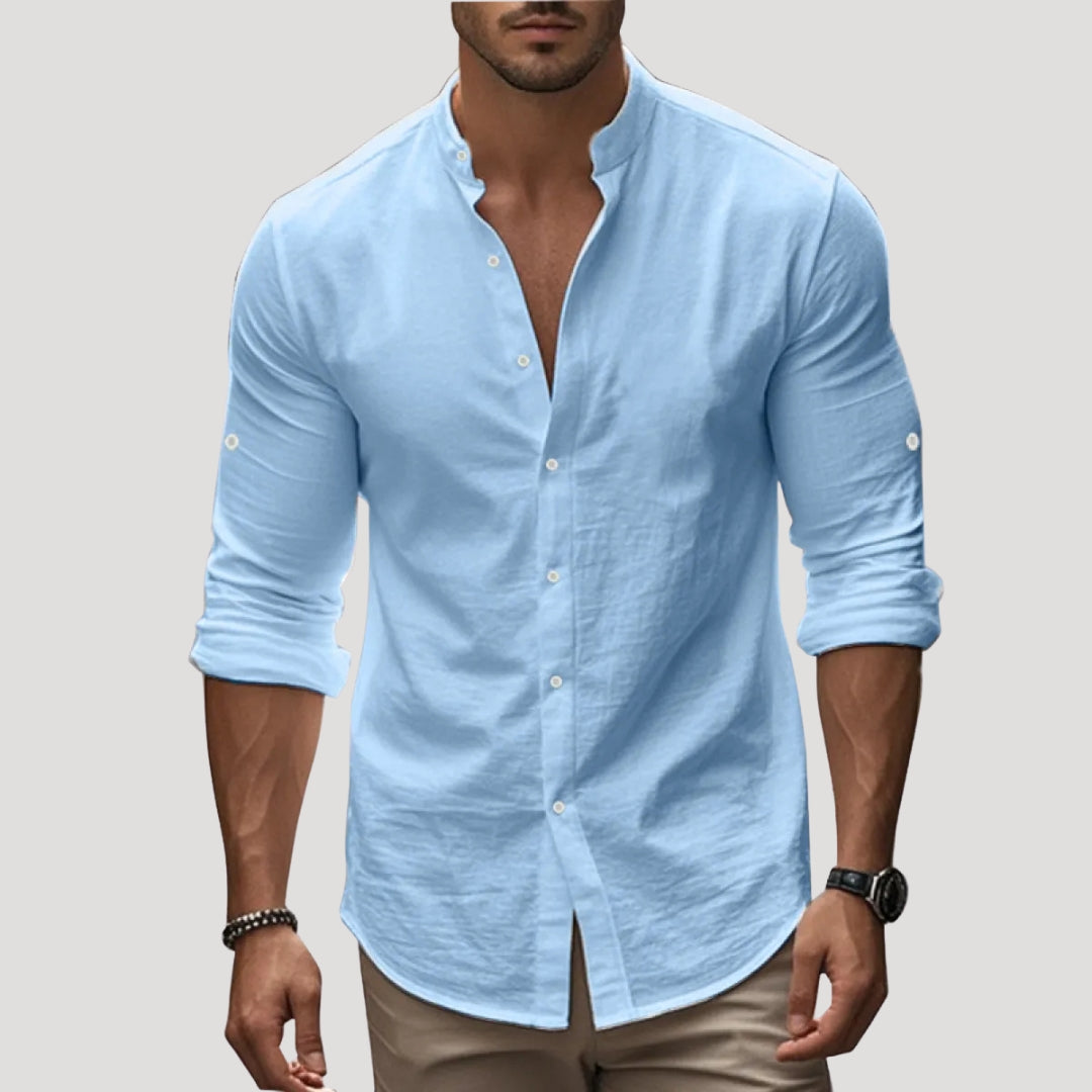 Camicia da uomo in lino con colletto alla nonna e maniche lunghe