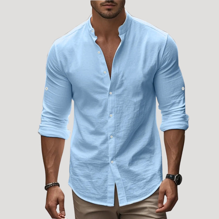 Camicia da uomo in lino con colletto alla nonna e maniche lunghe