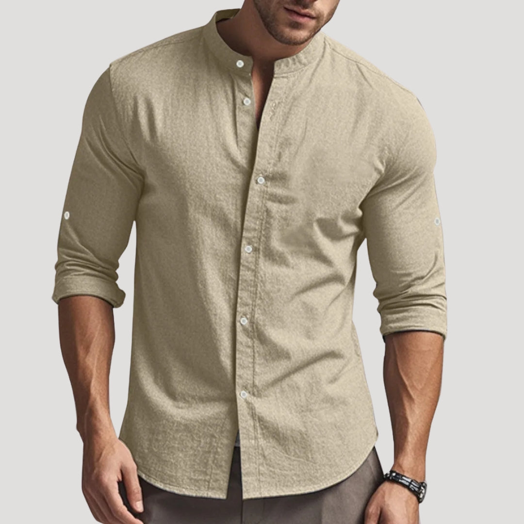 Camicia da uomo in lino con colletto alla nonna e maniche lunghe