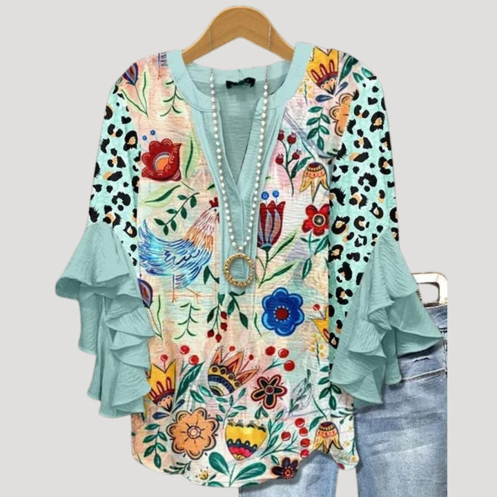 Blusa floreale a maniche a volant con scollo a V per donne