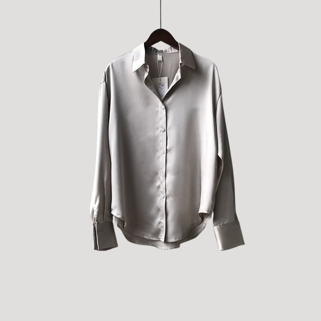 Blusa da donna in satin con maniche lunghe e bottoni