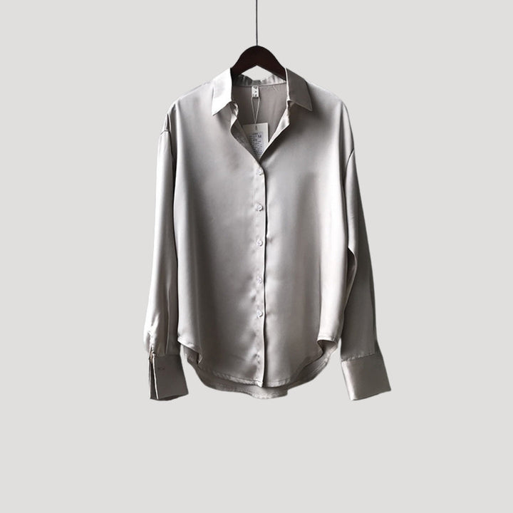 Blusa da donna in satin con maniche lunghe e bottoni