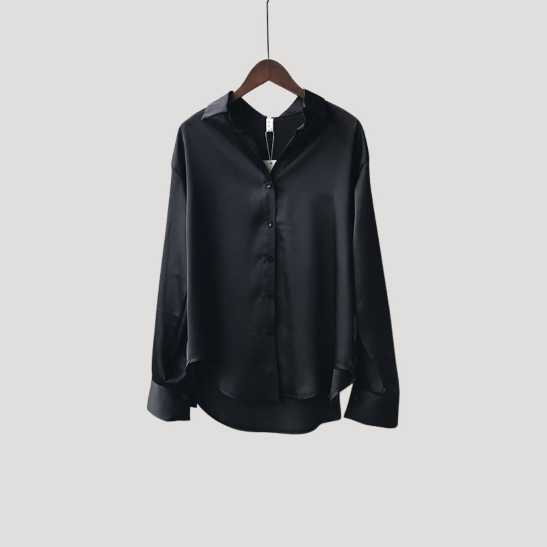 Blusa da donna in satin con maniche lunghe e bottoni