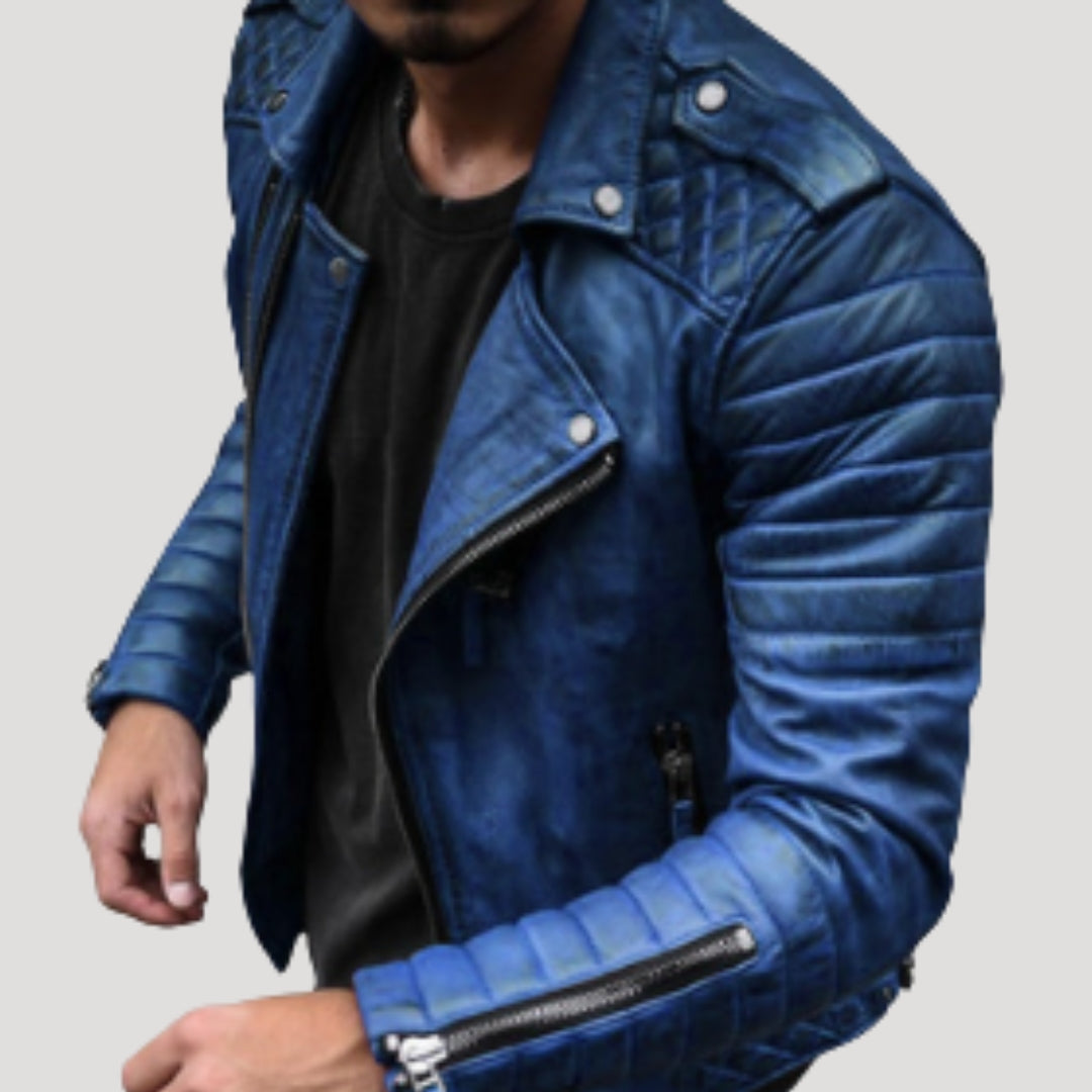 Giacca da motociclista in pelle da uomo slim fit trapuntata