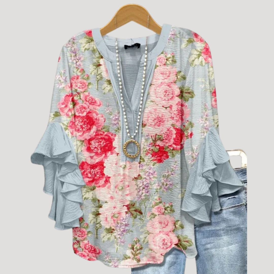 Blusa floreale a maniche a volant con scollo a V per donne