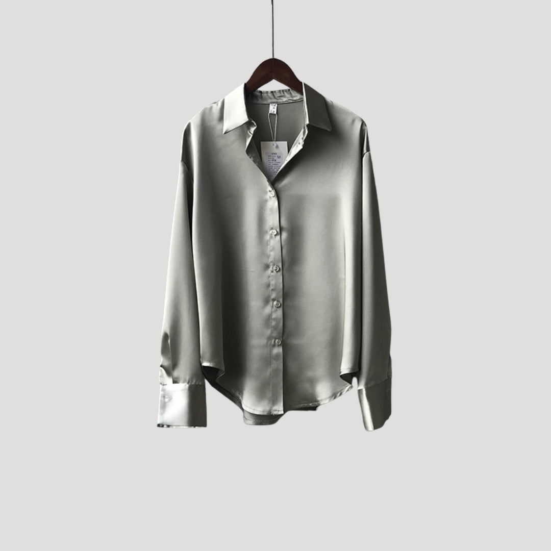 Blusa da donna in satin con maniche lunghe e bottoni