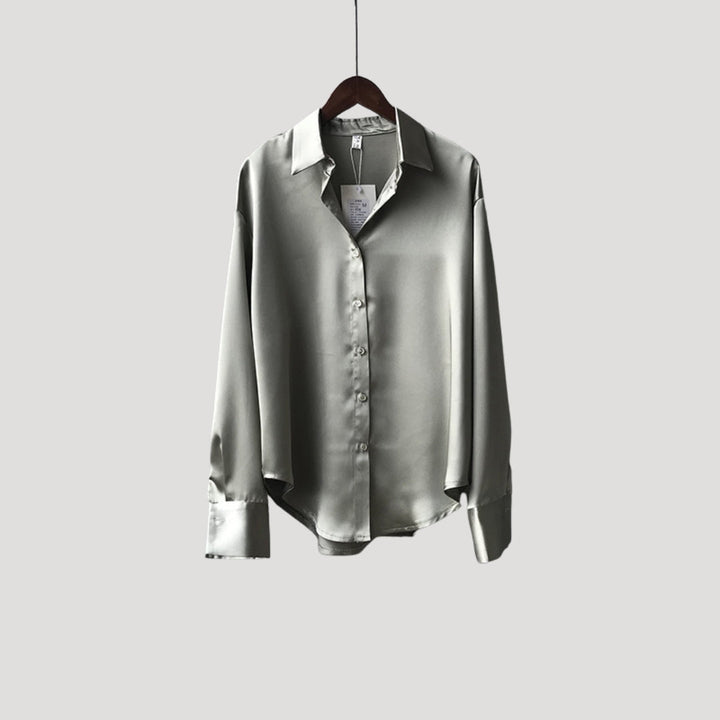 Blusa da donna in satin con maniche lunghe e bottoni