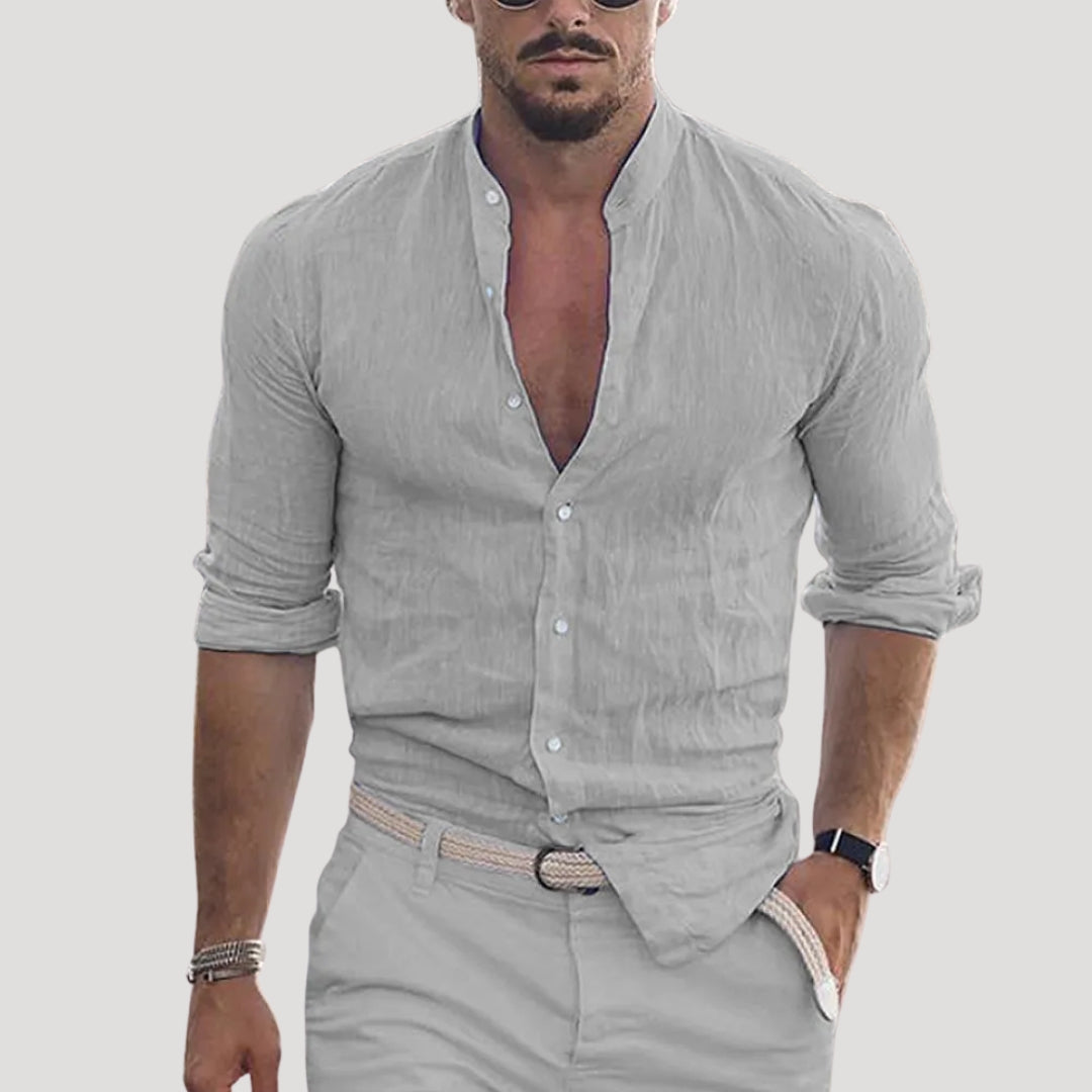 Camicia da uomo in lino a maniche lunghe con colletto alla cinese
