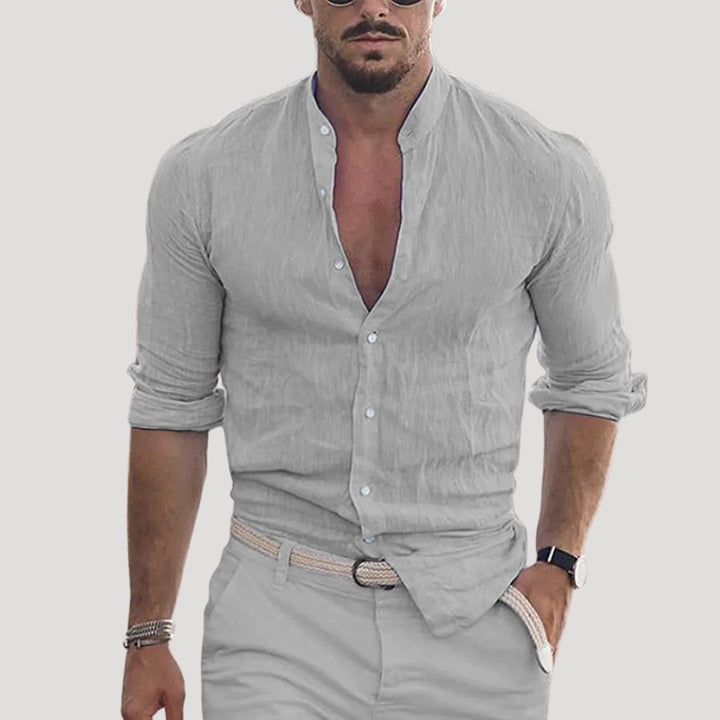Camicia da uomo in lino a maniche lunghe con colletto alla cinese