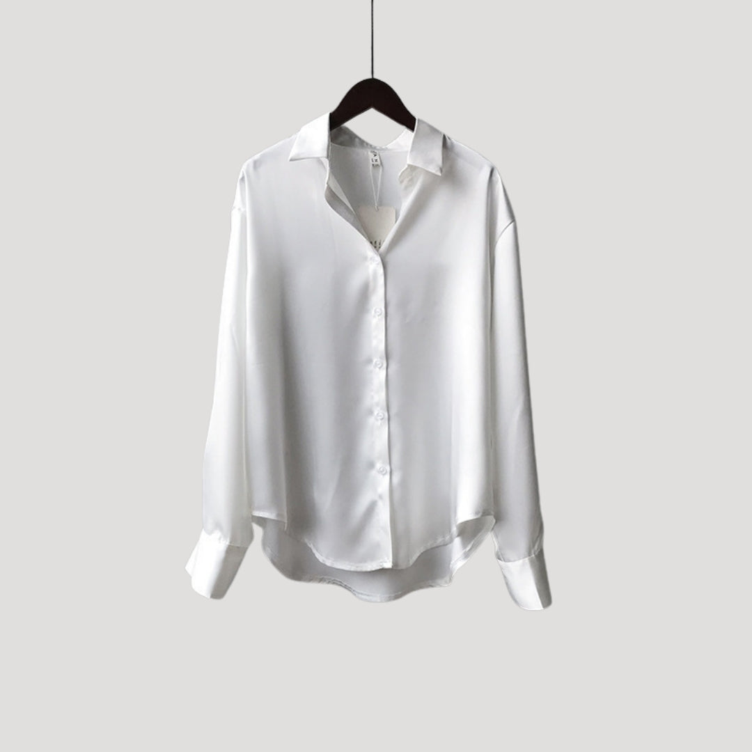 Blusa da donna in satin con maniche lunghe e bottoni
