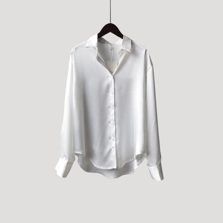 Blusa da donna in satin con maniche lunghe e bottoni
