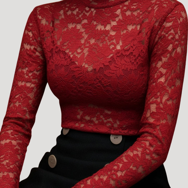 Top in pizzo con collo alto da donna per la primavera
