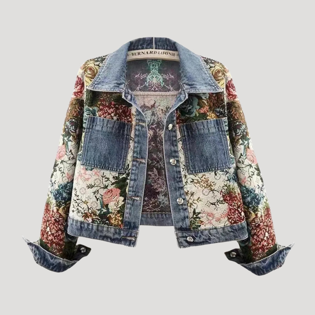 Giacca in denim cropped patchwork floreale leggera da donna