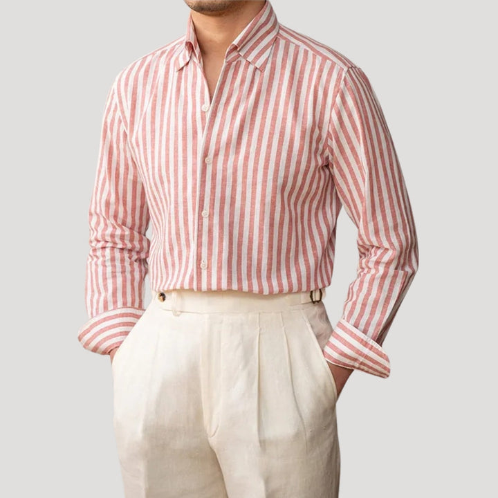 Camicia da uomo in lino a righe con maniche lunghe e bottoni