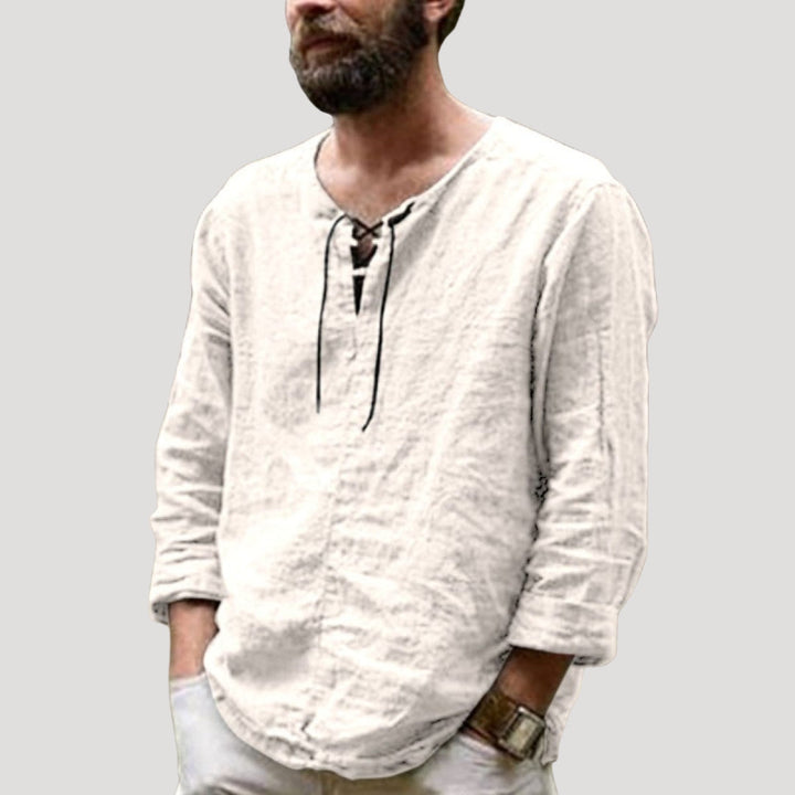 Camicia da spiaggia in lino con lacci a maniche lunghe da uomo