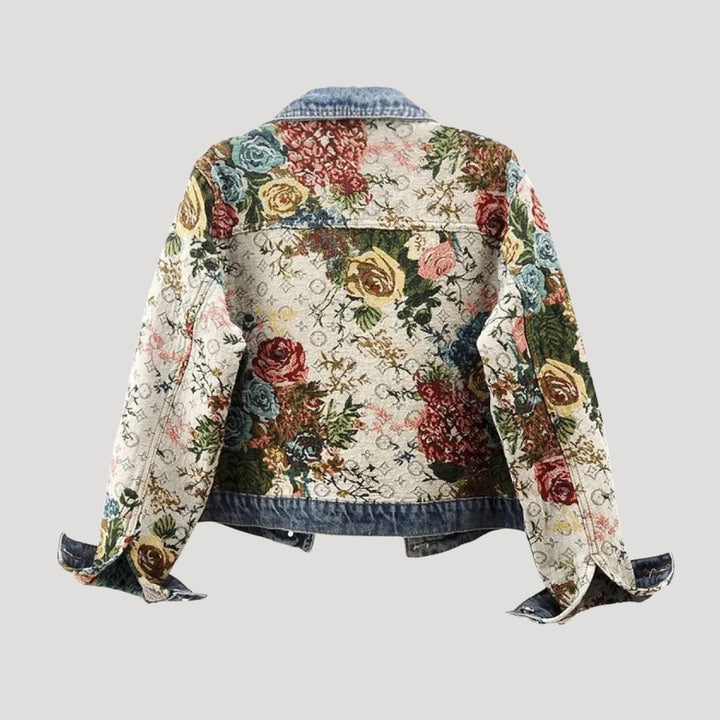Giacca in denim cropped patchwork floreale leggera da donna
