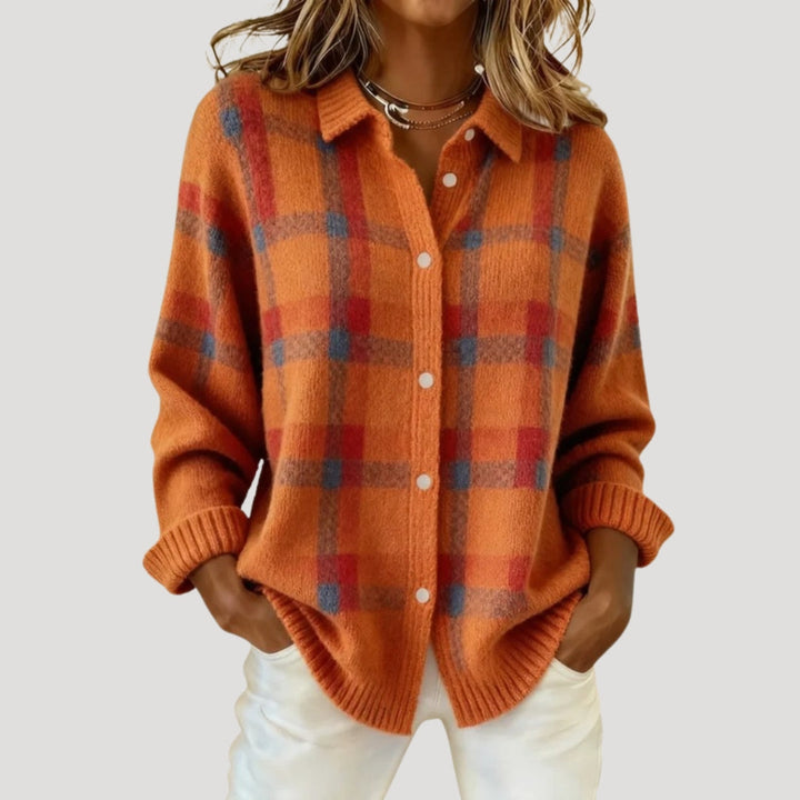 Cardigan camicia a maglia a quadri per donna