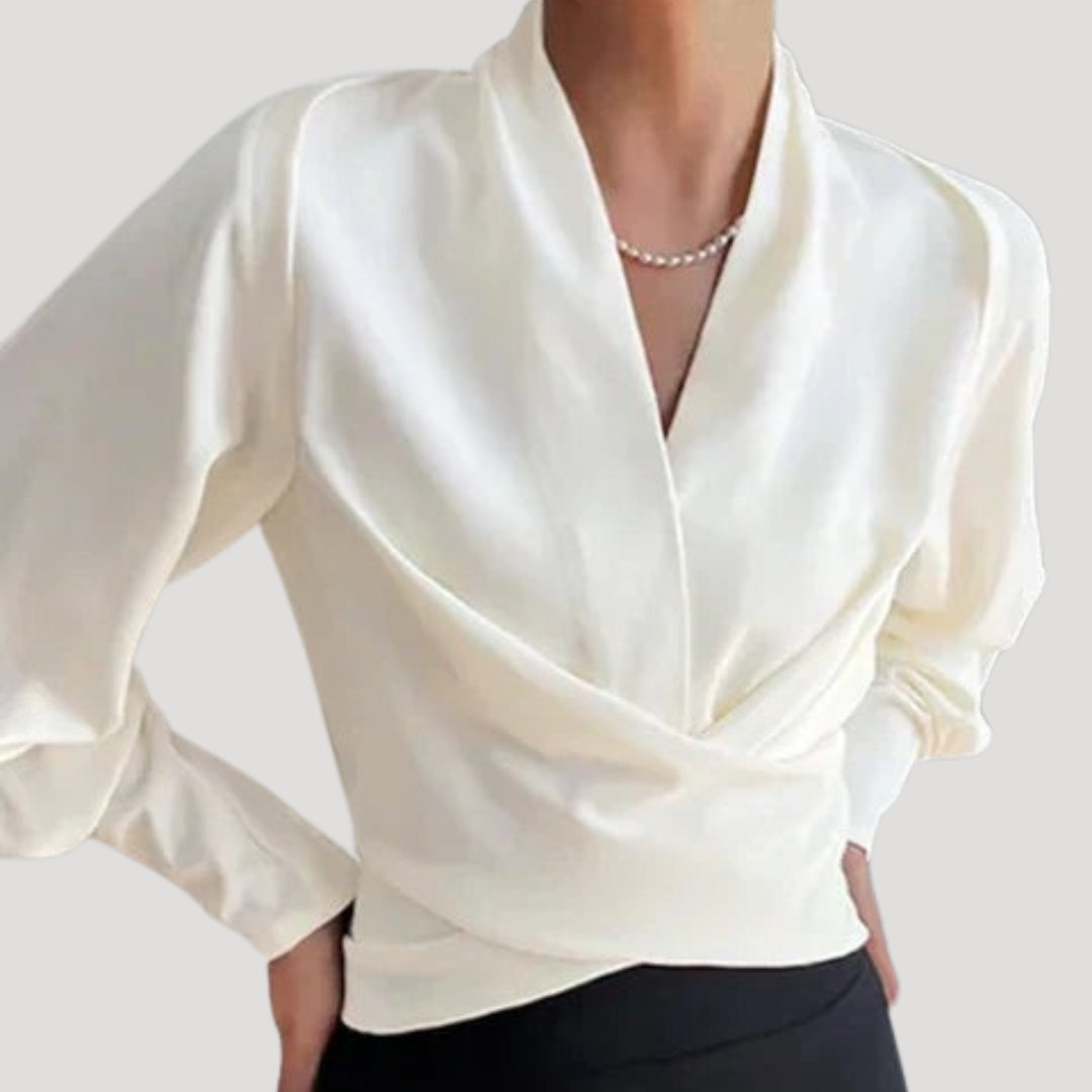 Blusa da lavoro in satin con maniche lunghe avvolgente per donne