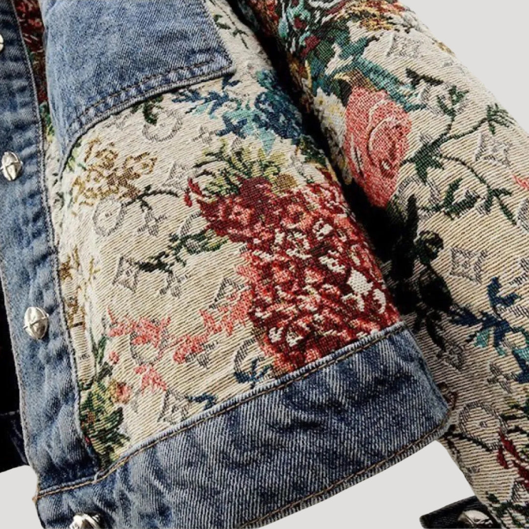 Giacca in denim cropped patchwork floreale leggera da donna