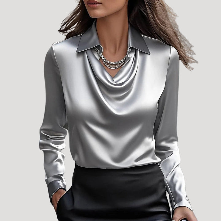 Blusa da donna in satin con collo a cowl e maniche lunghe