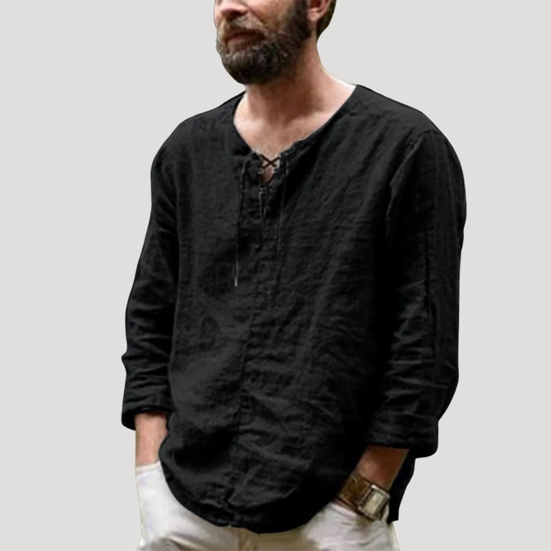 Camicia da spiaggia in lino con lacci a maniche lunghe da uomo