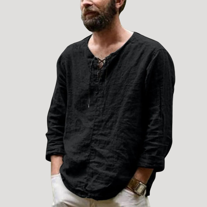 Camicia da spiaggia in lino con lacci a maniche lunghe da uomo