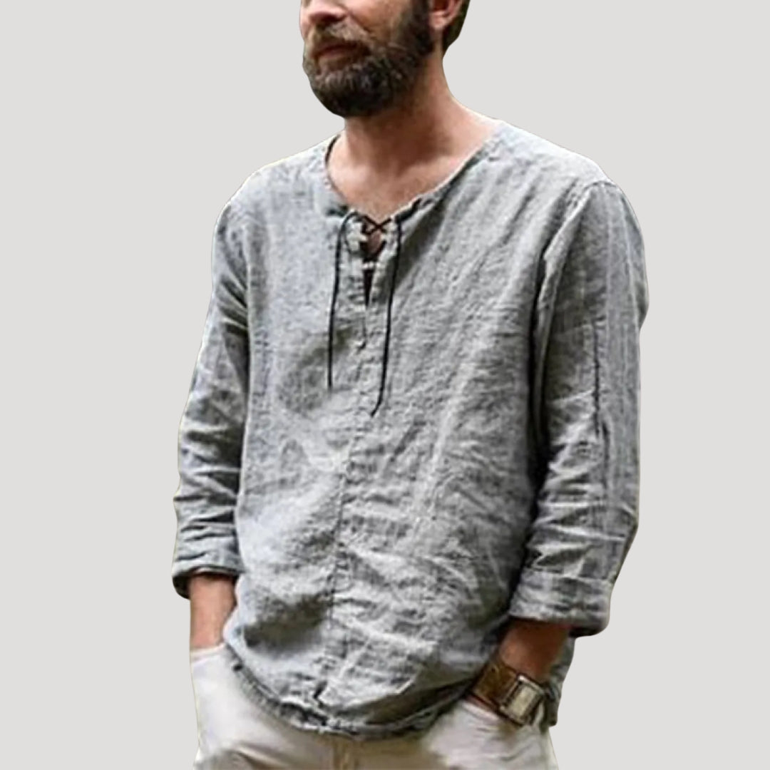 Camicia da spiaggia in lino con lacci a maniche lunghe da uomo