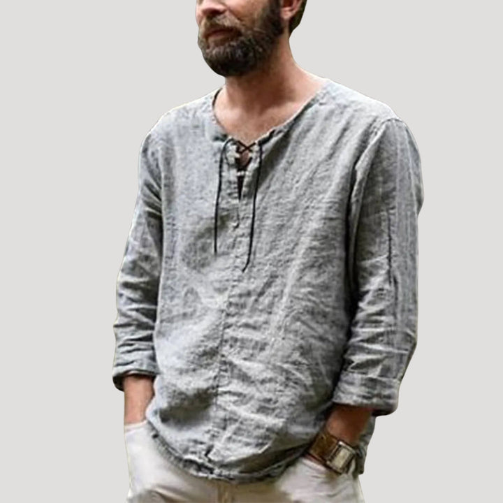 Camicia da spiaggia in lino con lacci a maniche lunghe da uomo