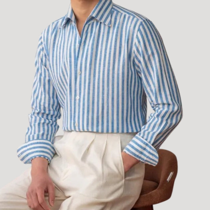 Camicia da uomo in lino a righe con maniche lunghe e bottoni