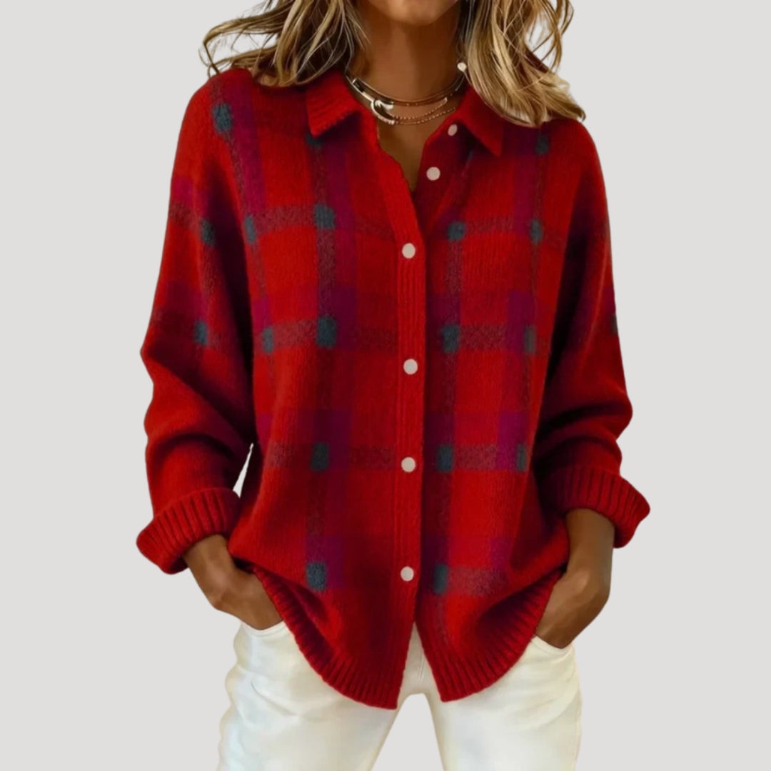 Cardigan camicia a maglia a quadri per donna
