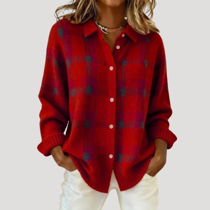 Cardigan camicia a maglia a quadri per donna