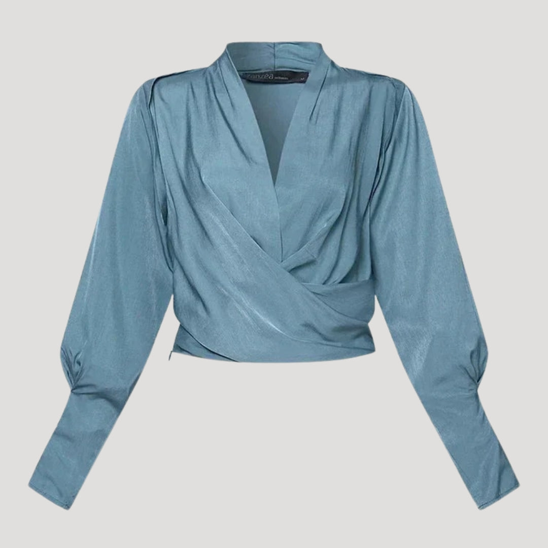 Blusa da lavoro in satin con maniche lunghe avvolgente per donne