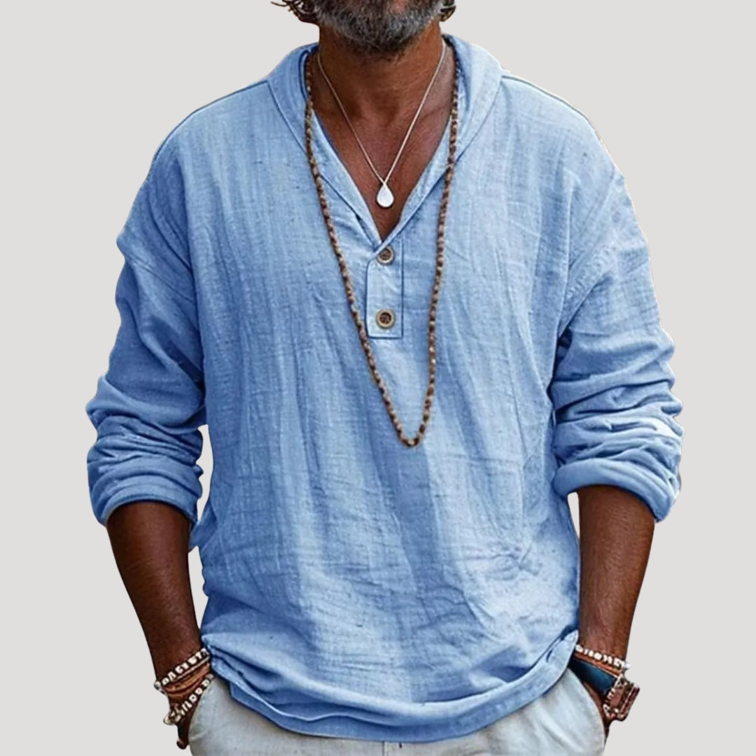 Camicia henley a maniche lunghe in lino da uomo, vestibilità rilassata