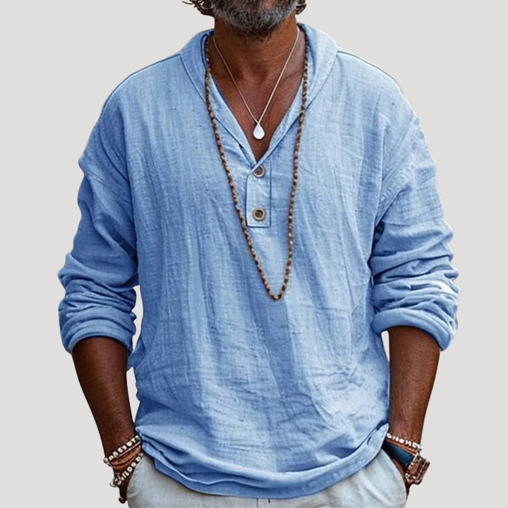 Camicia henley a maniche lunghe in lino da uomo, vestibilità rilassata