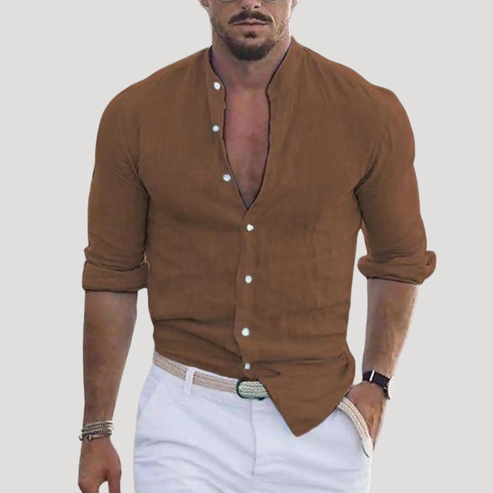 Camicia casual a maniche lunghe in lino con colletto alla “nonna” da uomo