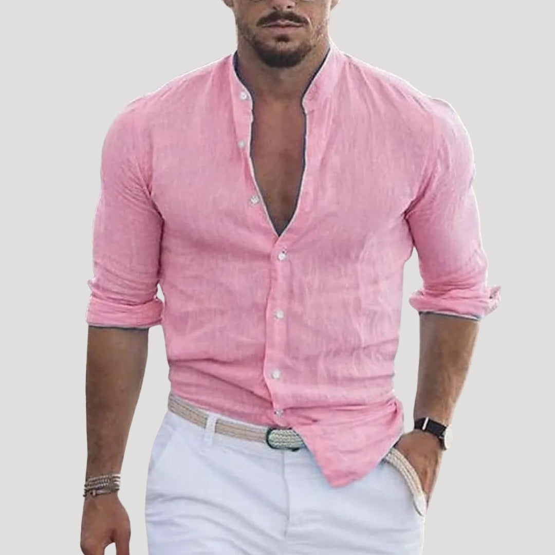 Camicia casual a maniche lunghe in lino con colletto alla “nonna” da uomo