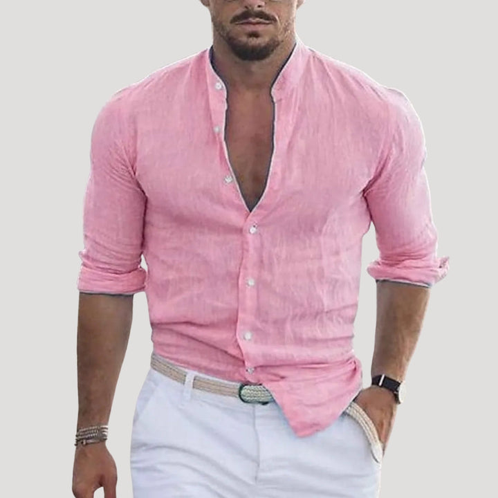Camicia casual a maniche lunghe in lino con colletto alla “nonna” da uomo