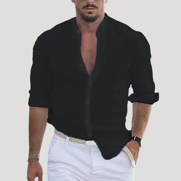 Camicia casual a maniche lunghe in lino con colletto alla “nonna” da uomo