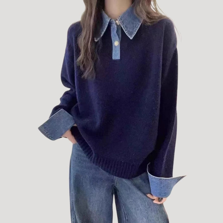 Maglione in lana da donna per l'inverno con colletto a camicia a strati